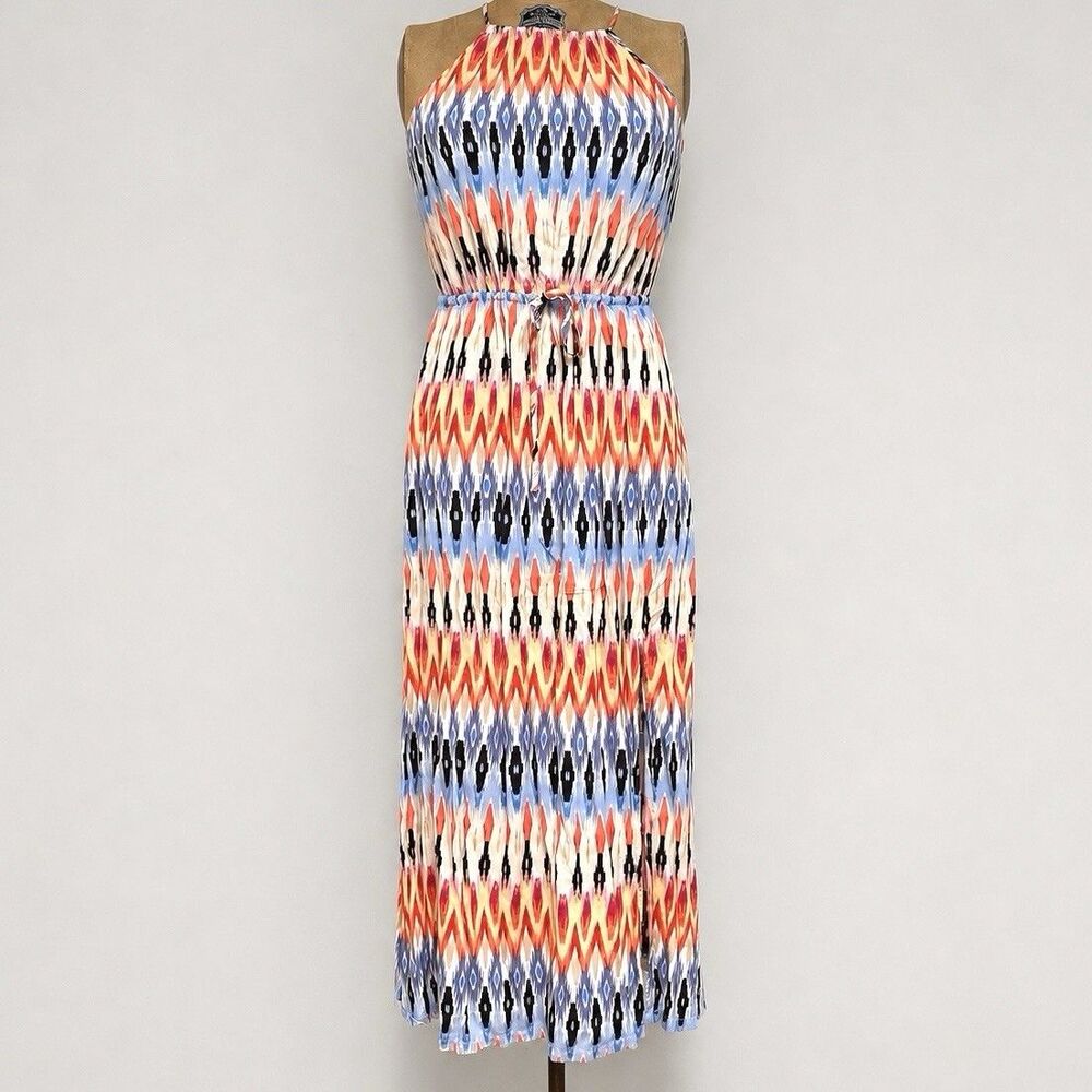 Athleta‎ Sunset Halter Maxi Dress XS Ikat Print Sleeveless Boho Beach